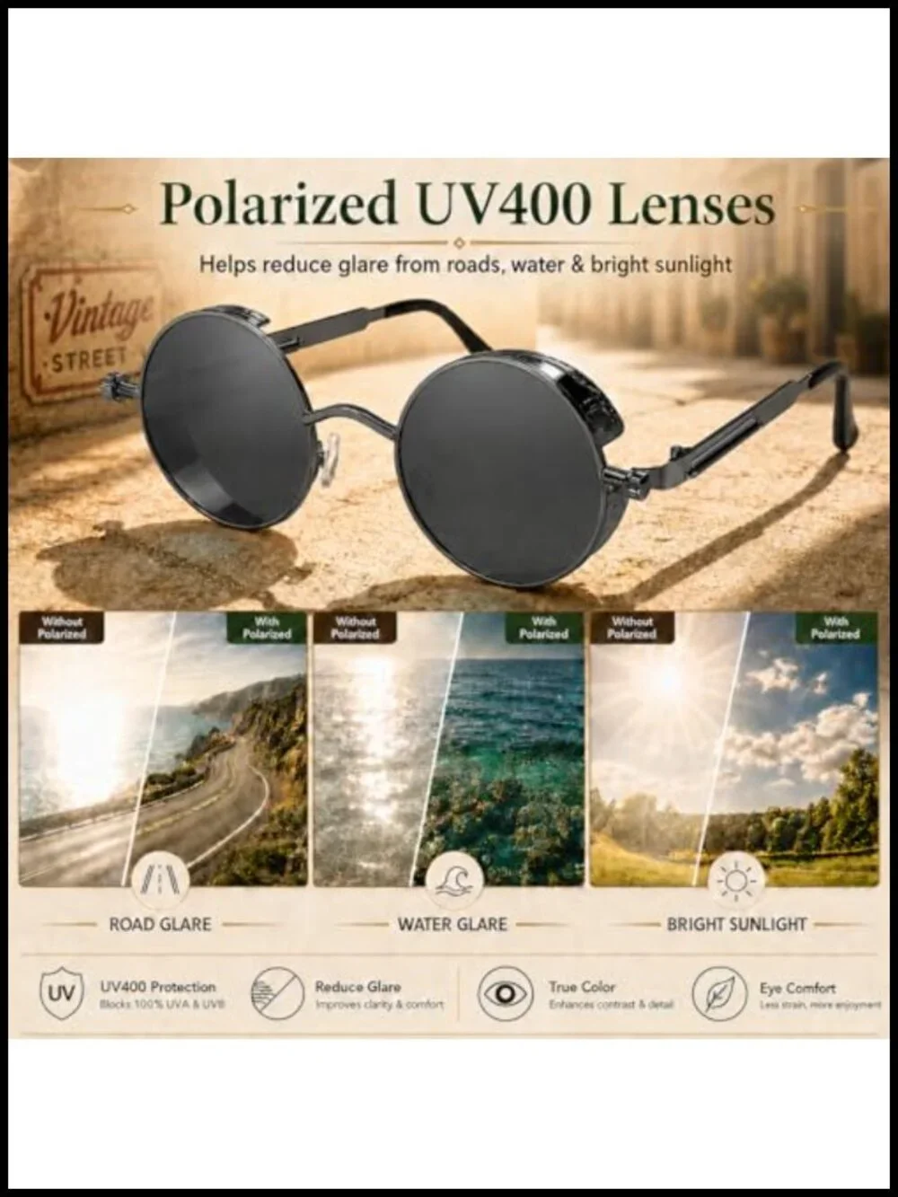 Round Polarized Sunglasses UV400 Retro Steampunk Metal Frame 48mm Circle Shades